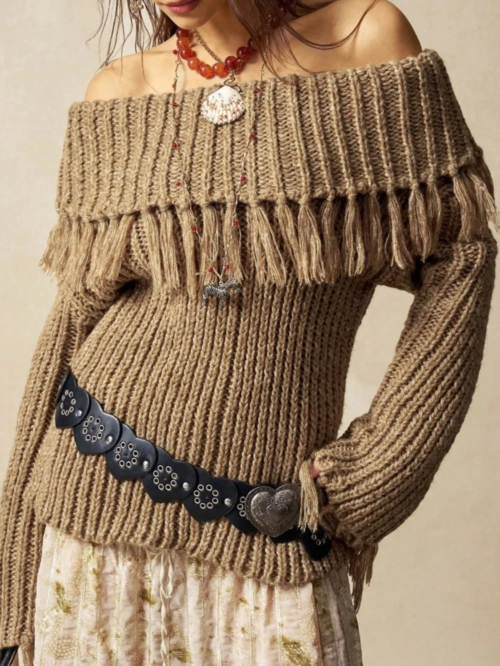 Classic Off Shoulder Foldover Fringe Detail Knit Sweater Top - Picture 3 of 8